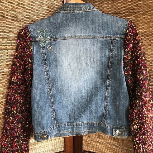 Upcycled Denim Jacket, XS-S: Embroidered Boho Cropped Jacket, Sweater Sleeves - Picture 5 of 12